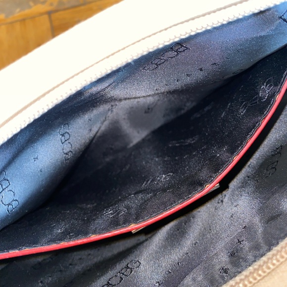 BCBG Max Azria Tan Canvas Red Leather Vintage Shoulder Bag - Picture 8 of 13